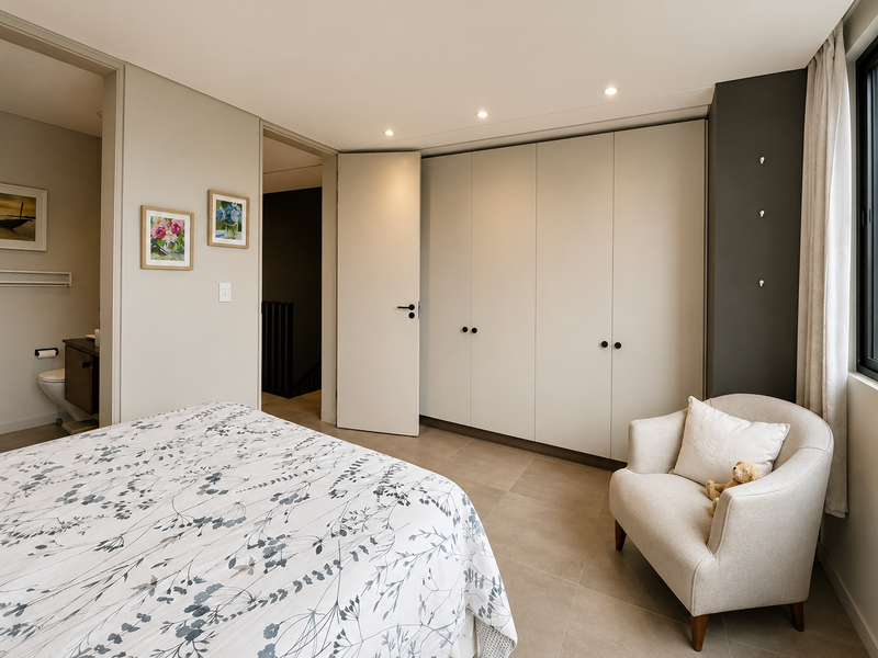 A modern, well-maintained bedroom featuring neutral tones, built-in floor-to-ceiling cupboards, tiled flooring, recessed lighting, and direct access to an en-suite bathroom.
