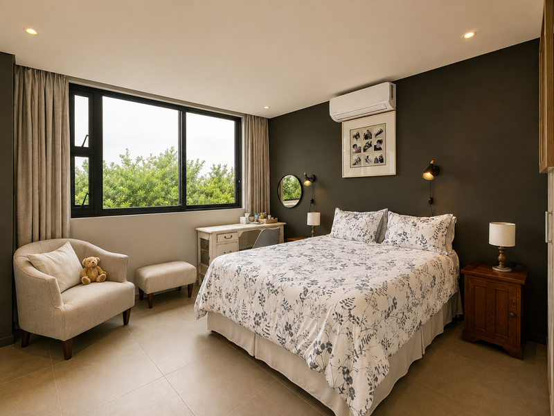 A well-maintained bedroom featuring tiled flooring, recessed lighting, a split-system air conditioner, and large windows with garden views.