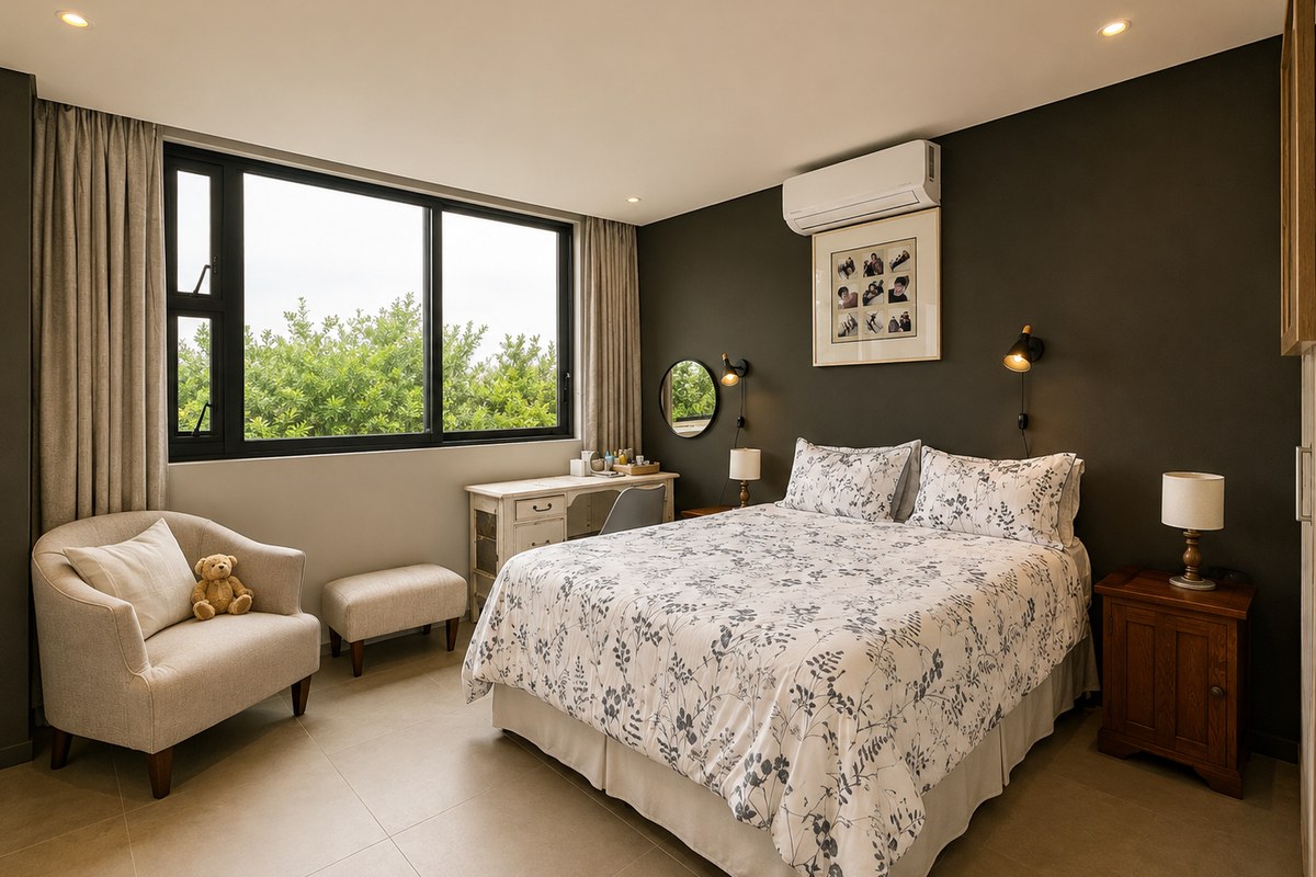 A well-maintained bedroom featuring tiled flooring, recessed lighting, a split-system air conditioner, and large windows with garden views.