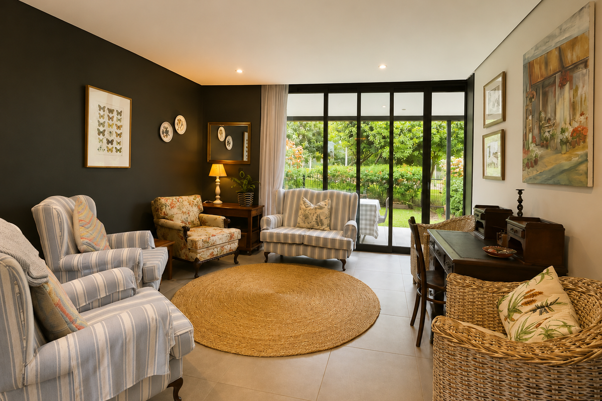 A well-lit living room featuring large black-framed sliding glass doors that provide seamless access to the garden and patio area.
