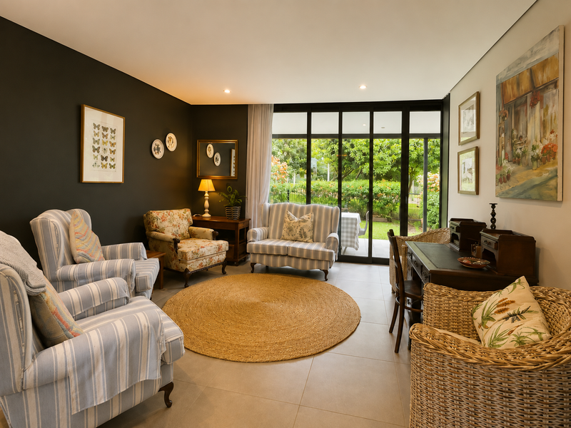 A well-lit living room featuring large black-framed sliding glass doors that provide seamless access to the garden and patio area.