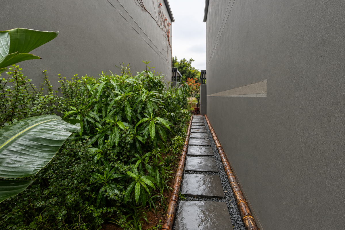 A narrow side passage between two townhouse structures featuring a stone paver walkway, decorative pebble border, and bamboo edging alongside landscaped greenery.