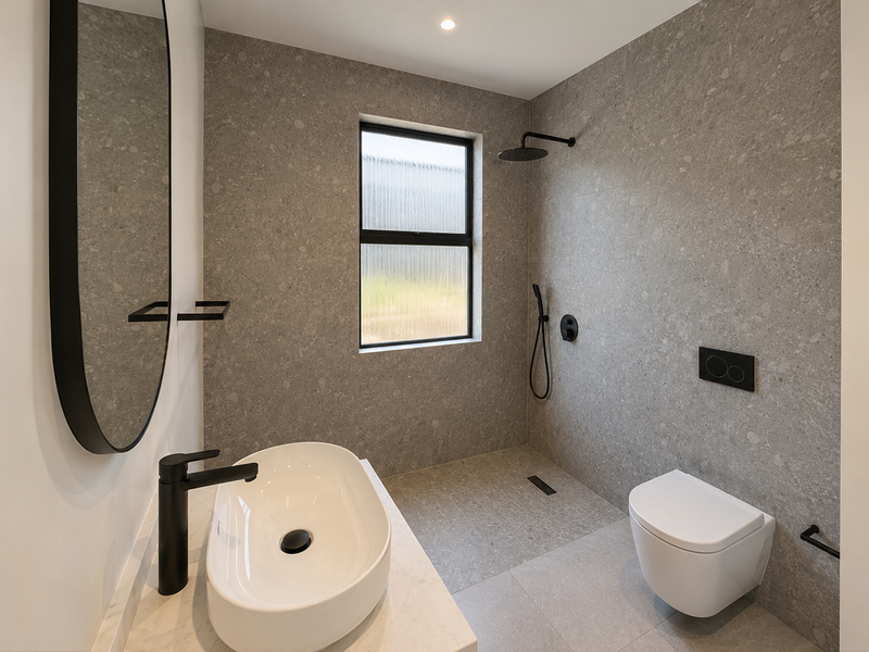Modern bathroom featuring a walk-in shower, wall-mounted toilet, and a stylish vessel sink with matte black fixtures and contemporary stone-look tiling.