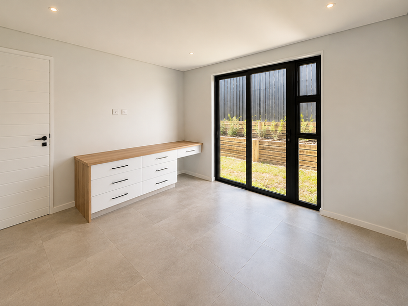 A bright, modern bedroom featuring neutral tiled flooring, built-in desk cabinetry, and a large sliding door providing direct access to the rear garden.