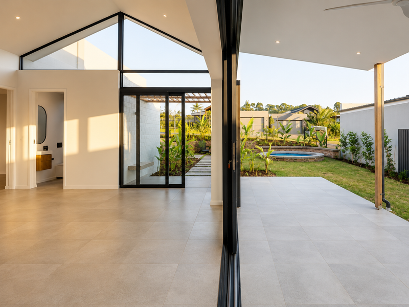 Spacious open-plan living area featuring vaulted ceilings, large format tiles, and seamless indoor-outdoor flow to a covered patio and garden.
