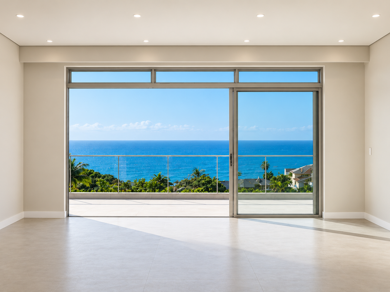 A bright, empty living room featuring large sliding glass doors that open onto a balcony with expansive ocean views.