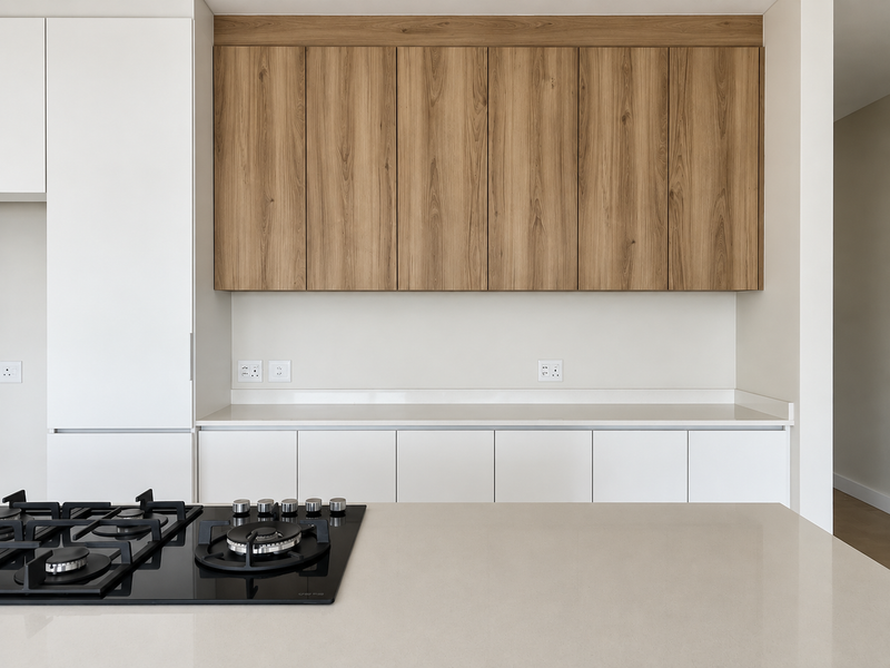Modern kitchen featuring sleek white lower cabinetry, wood-grain upper cabinets, stone countertops, and a built-in gas hob.