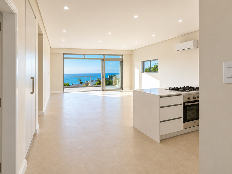 Spacious open-plan living and kitchen area featuring modern finishes, a central island with gas cooktop, and sliding doors opening to a scenic ocean view.