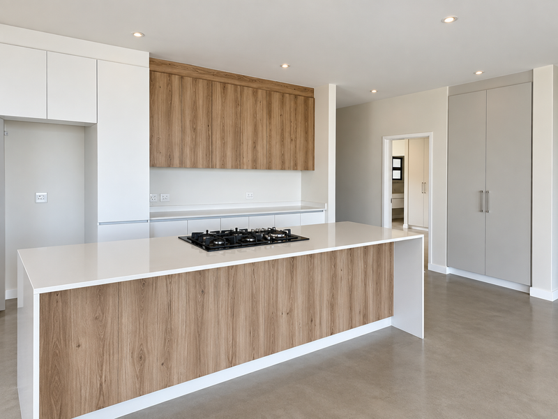 Modern kitchen featuring a central island with a gas hob, sleek wood-grain and white cabinetry, quartz countertops, and polished concrete flooring.