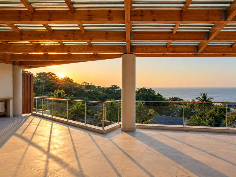 Spacious covered balcony featuring a timber pergola, glass balustrade, and expansive ocean and sunset views.