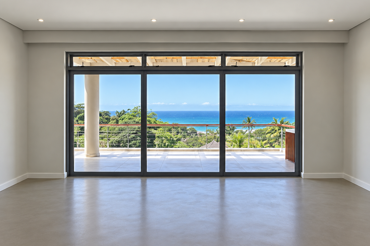 Spacious, modern living area featuring polished concrete floors, recessed lighting, and large sliding glass doors opening to a balcony with panoramic ocean views.