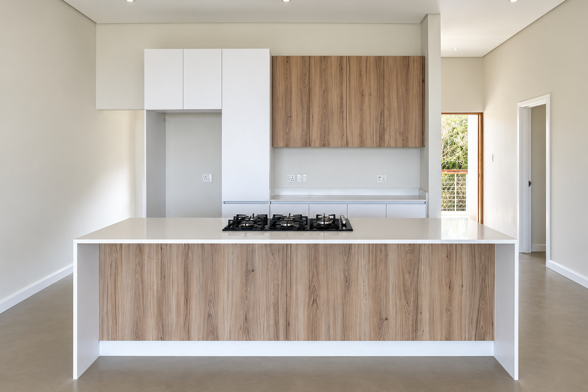 Modern kitchen featuring a central island with a built-in gas hob, sleek wood-grain and white cabinetry, and high-quality quartz countertops in an open-plan layout.