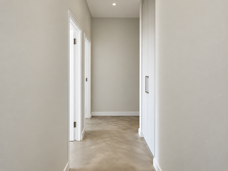 A clean, modern hallway featuring polished concrete floors, recessed downlighting, and integrated floor-to-ceiling storage cabinetry.