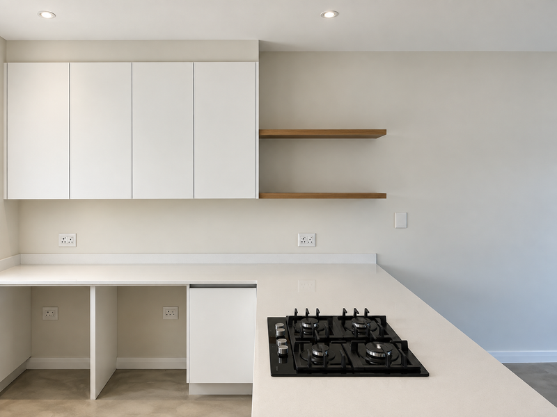 Modern kitchen featuring white cabinetry, quartz countertops, a built-in gas hob, and floating wooden shelves in a clean, minimalist design.