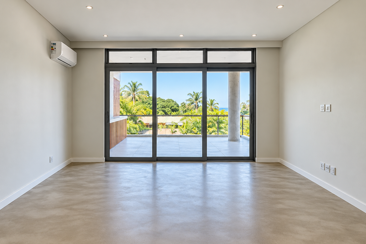 A bright, empty living room featuring polished concrete floors, recessed lighting, a split-system air conditioner, and large sliding doors opening to a balcony.