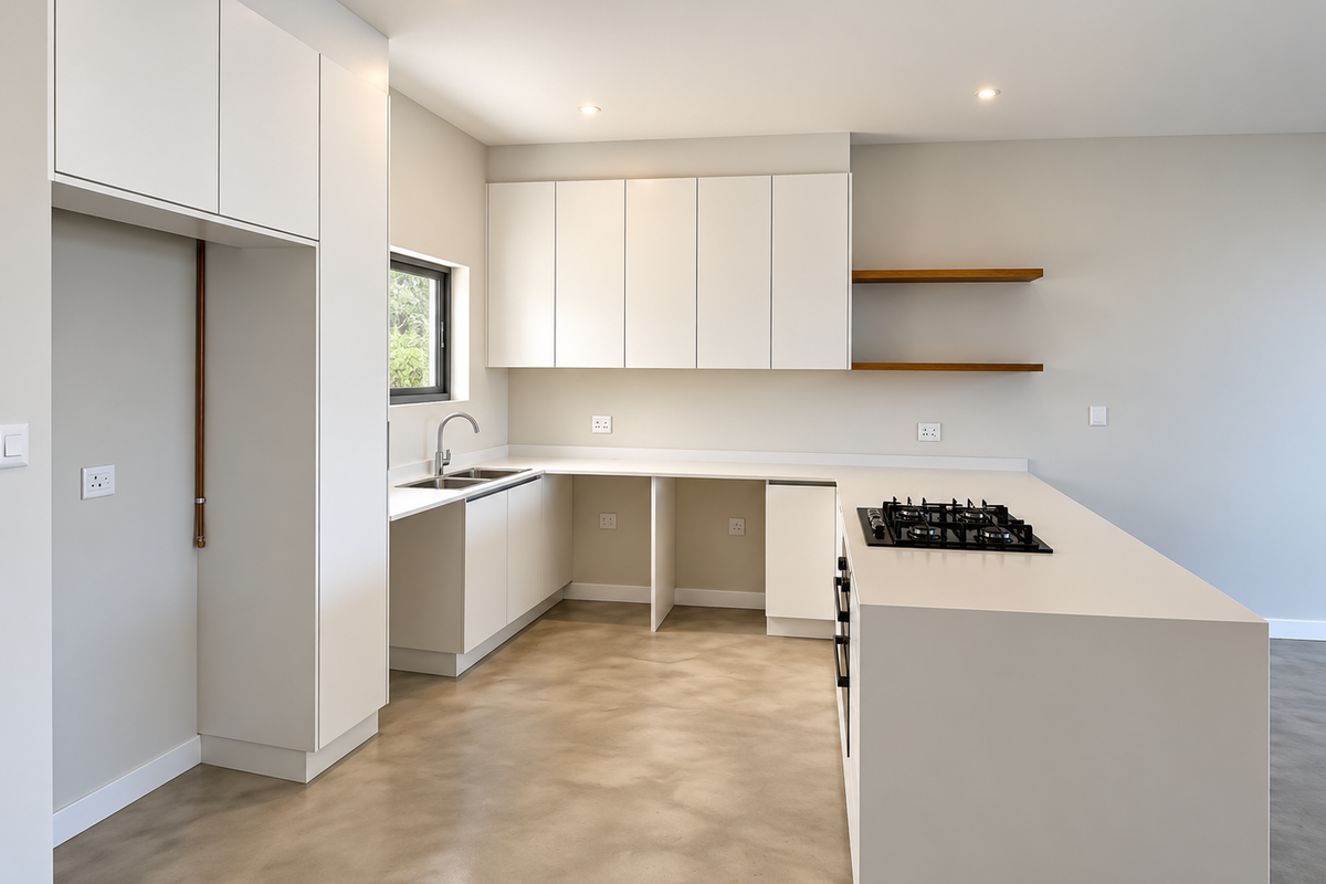 Modern kitchen featuring white cabinetry, polished concrete floors, a gas hob, built-in oven, and floating timber shelves in a clean, minimalist design.