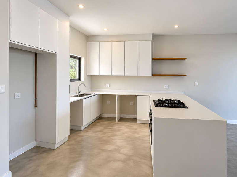 Modern kitchen featuring white cabinetry, polished concrete floors, a gas hob, built-in oven, and floating timber shelves in a clean, minimalist design.