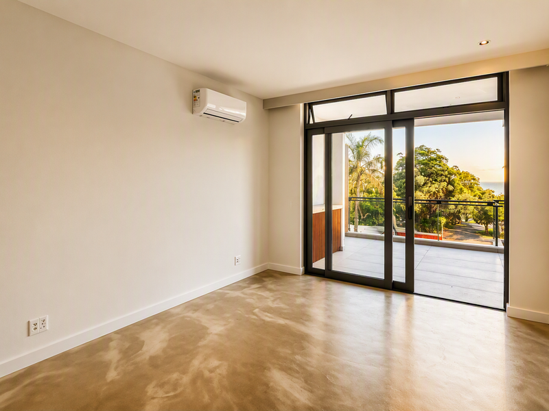 A bright, empty bedroom featuring polished concrete floors, a wall-mounted air conditioning unit, and large sliding glass doors opening onto a private balcony.