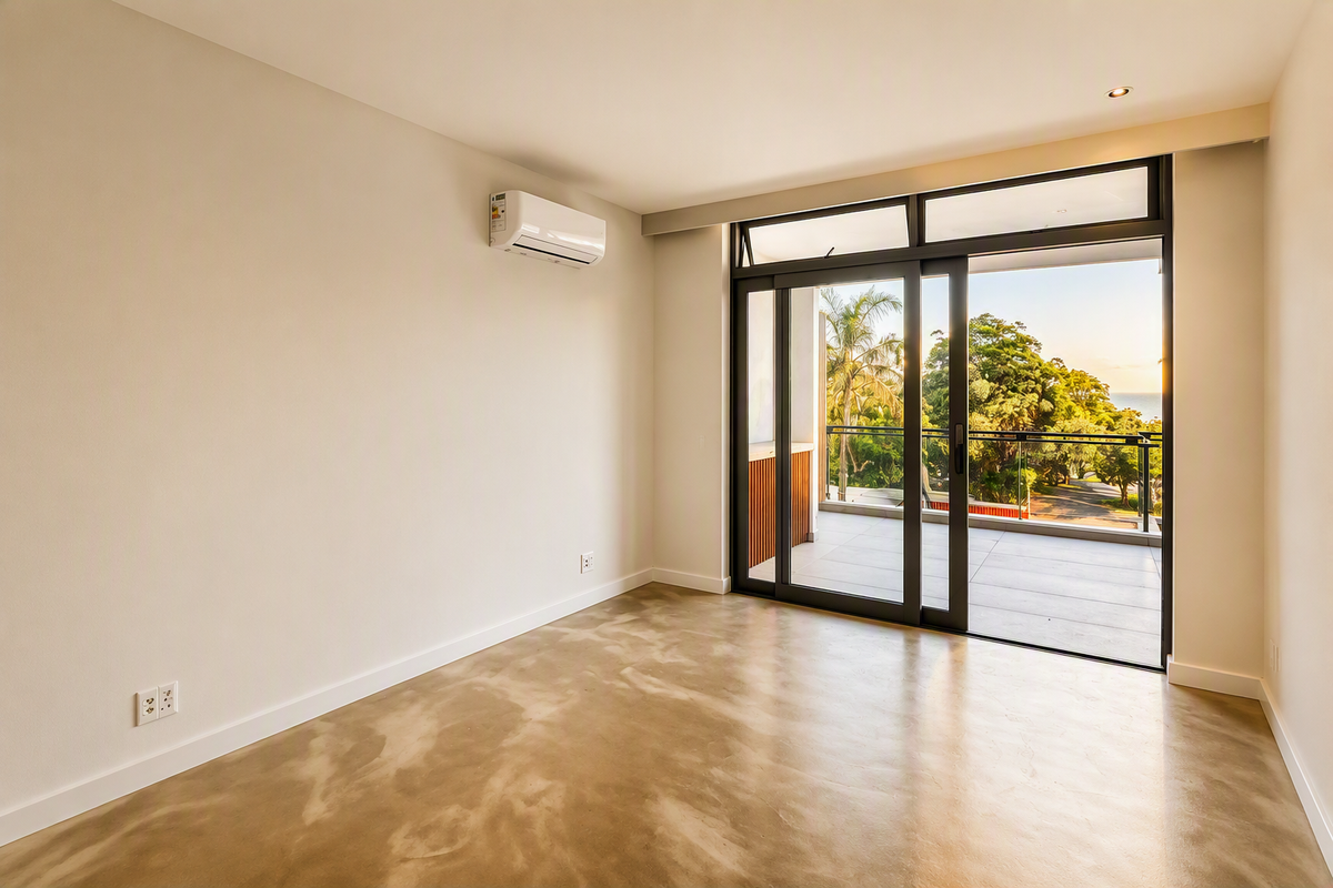A bright, empty bedroom featuring polished concrete floors, a wall-mounted air conditioning unit, and large sliding glass doors opening onto a private balcony.