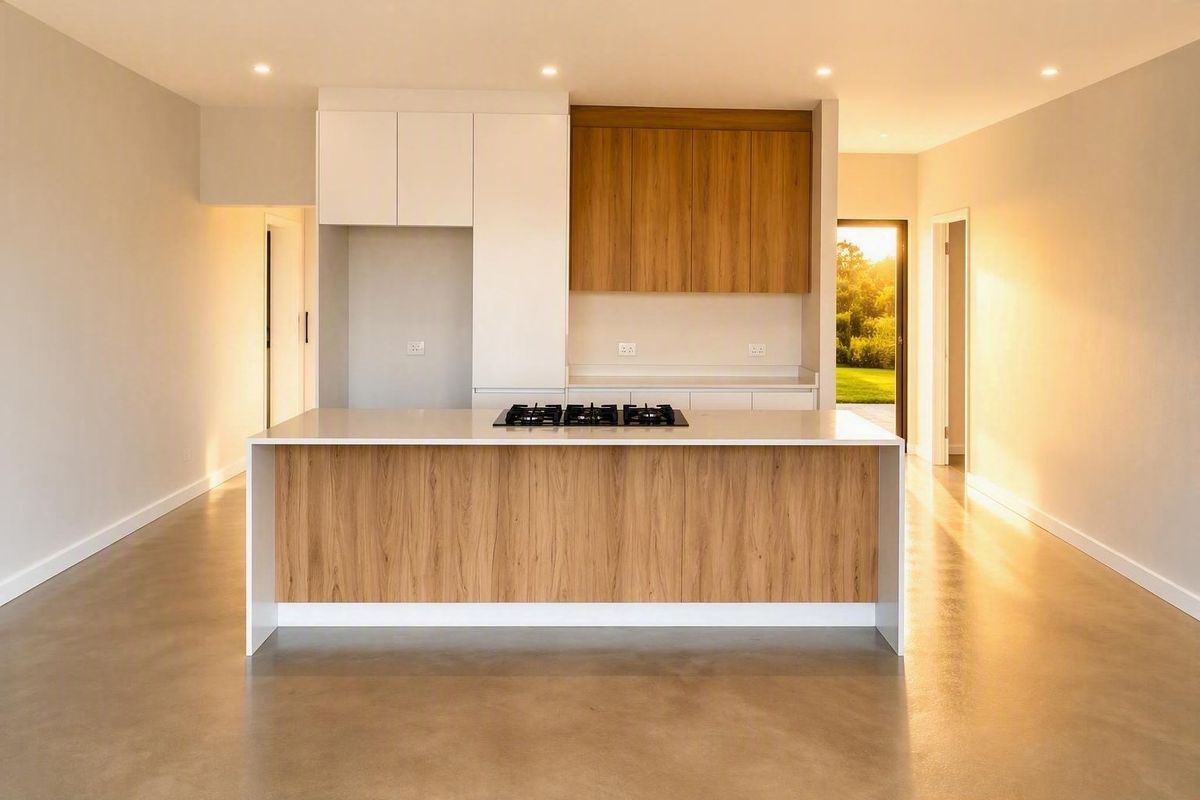 Modern kitchen featuring a central island with a gas cooktop, sleek two-tone cabinetry, and polished concrete floors in an open-plan layout.