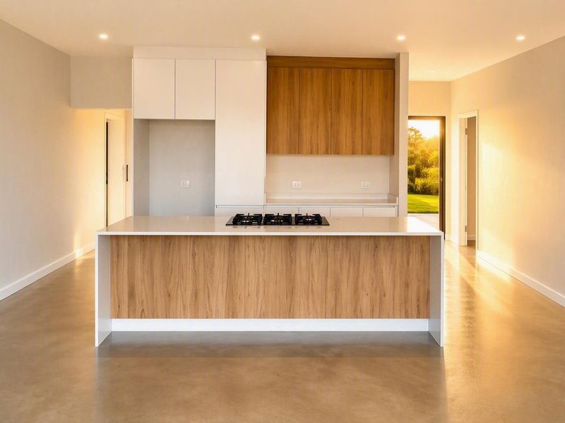 Modern kitchen featuring a central island with a gas cooktop, sleek two-tone cabinetry, and polished concrete floors in an open-plan layout.