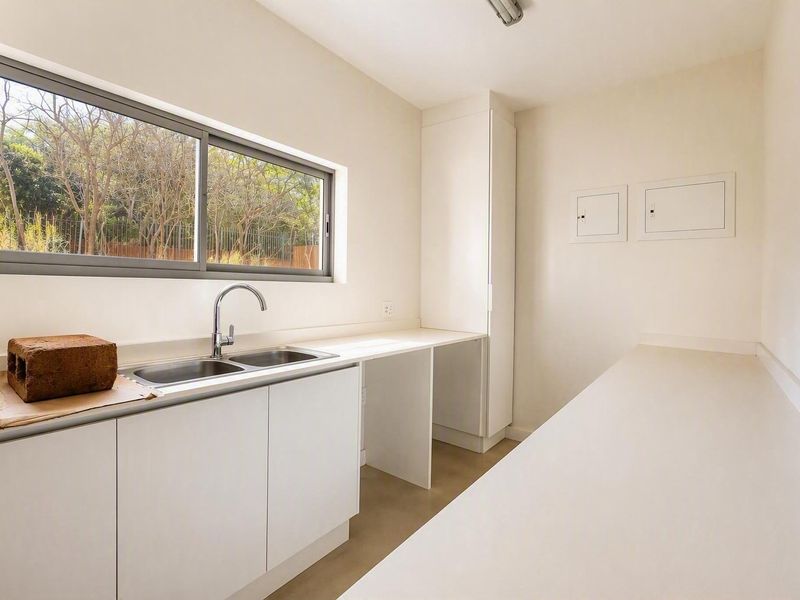 A clean, modern laundry room featuring ample counter space, a double stainless steel sink, and built-in cabinetry with a view of the outdoors.
