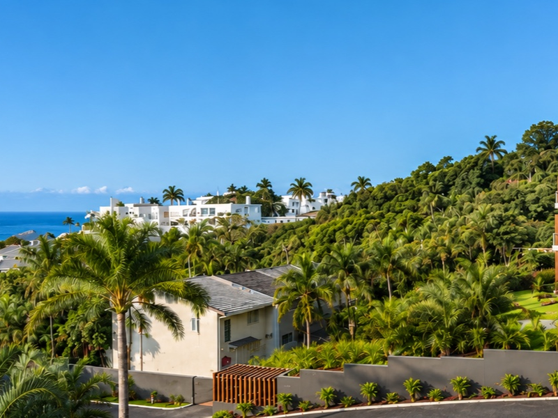 A scenic elevated view overlooking a lush coastal landscape with tropical vegetation, nearby residential properties, and the ocean in the distance.