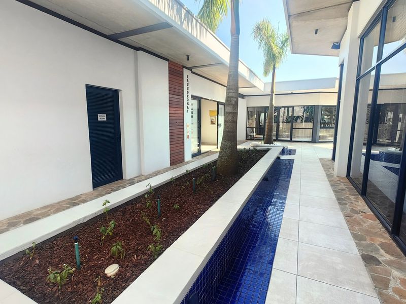 A modern outdoor courtyard featuring a tiled walkway, a blue-tiled water feature, and landscaped planter boxes with palm trees between building wings.