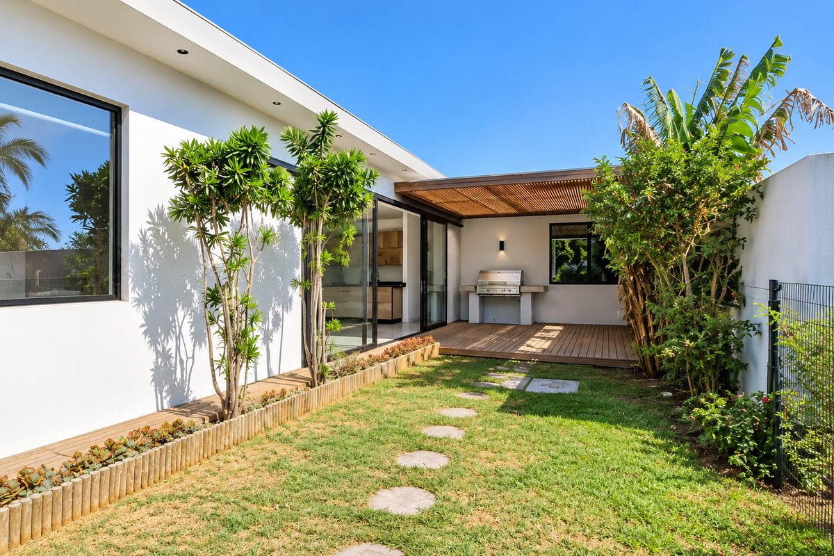 Modern rear courtyard featuring timber decking, a built-in braai area with a timber pergola, and a well-maintained landscaped garden with sliding door access.
