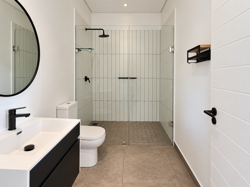 Modern bathroom featuring a walk-in shower with glass screen, matte black fixtures, vanity cabinet, and neutral floor-to-ceiling tiling.