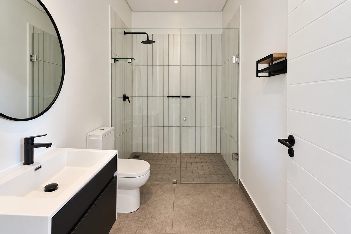 Modern bathroom featuring a walk-in shower with glass screen, matte black fixtures, vanity cabinet, and neutral floor-to-ceiling tiling.