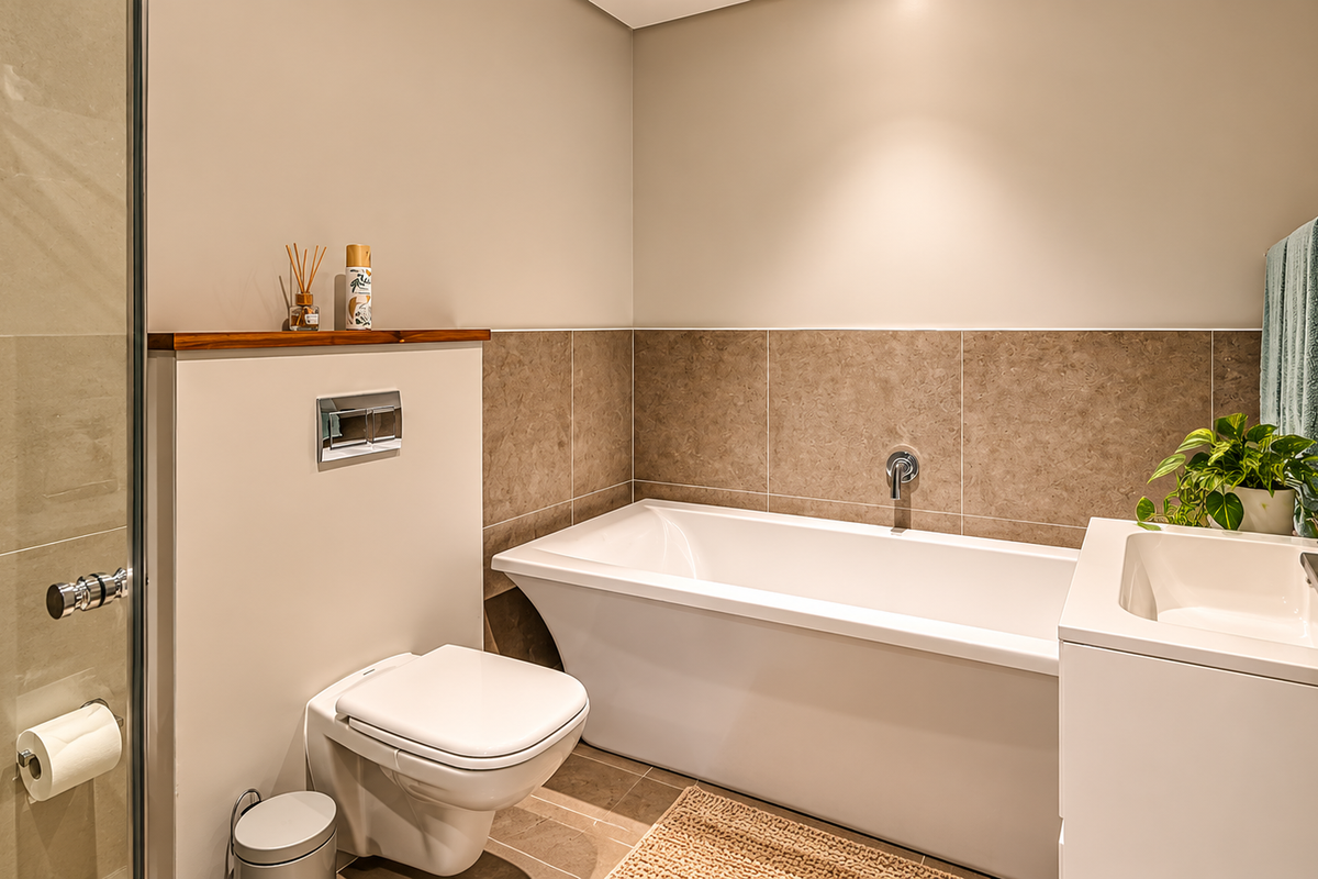 Modern bathroom featuring a wall-hung toilet with concealed cistern, a sleek freestanding bathtub, a wall-mounted basin, and a glass-enclosed shower with neutral tiling.