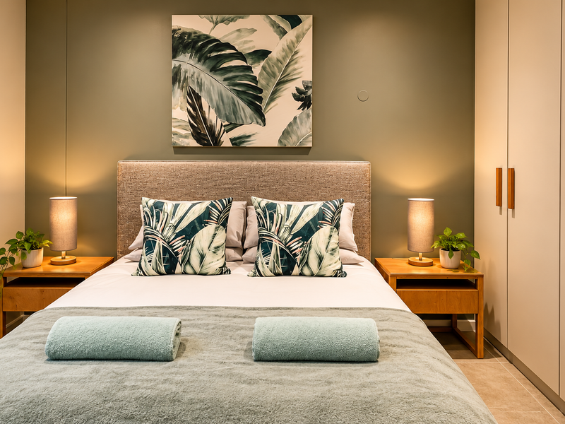 A well-maintained bedroom featuring neutral wall tones, integrated floor-to-ceiling wardrobes, and modern tiled flooring.