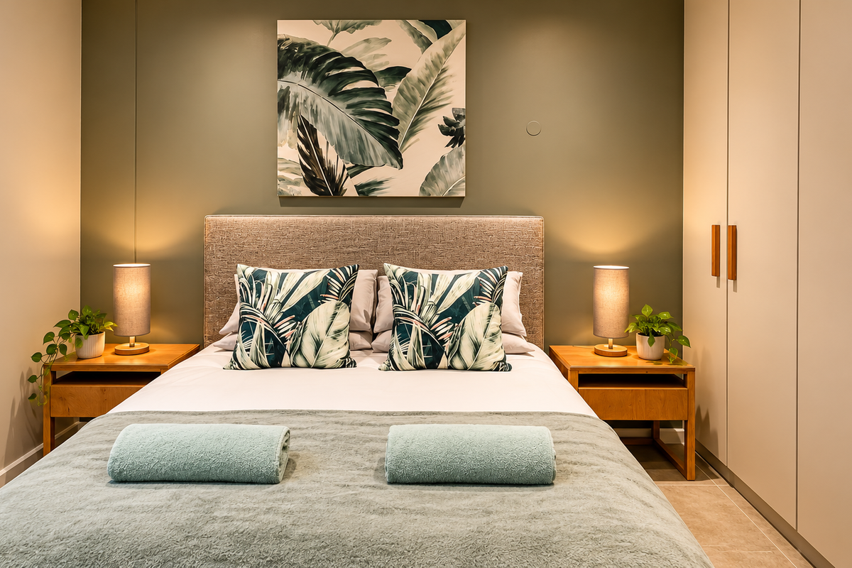 A well-maintained bedroom featuring neutral wall tones, integrated floor-to-ceiling wardrobes, and modern tiled flooring.