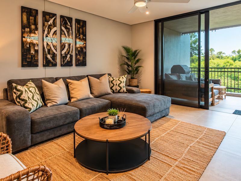 Modern living room featuring large sliding glass doors that open onto a private balcony, complemented by neutral tiled flooring and recessed ceiling lighting.