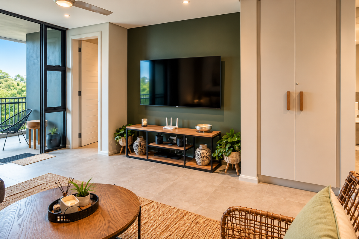 Modern living room featuring tiled floors, recessed lighting, a ceiling fan, and seamless access to a private balcony through large sliding glass doors.