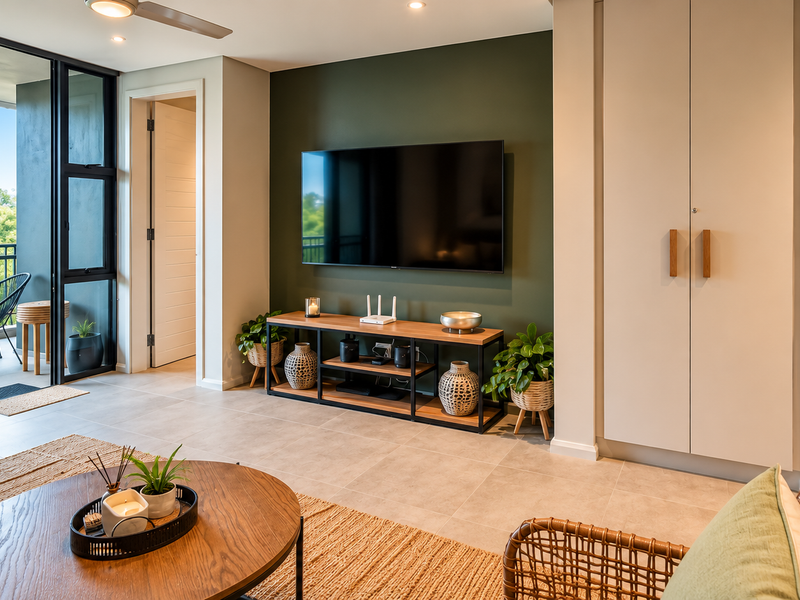 Modern living room featuring tiled floors, recessed lighting, a ceiling fan, and seamless access to a private balcony through large sliding glass doors.