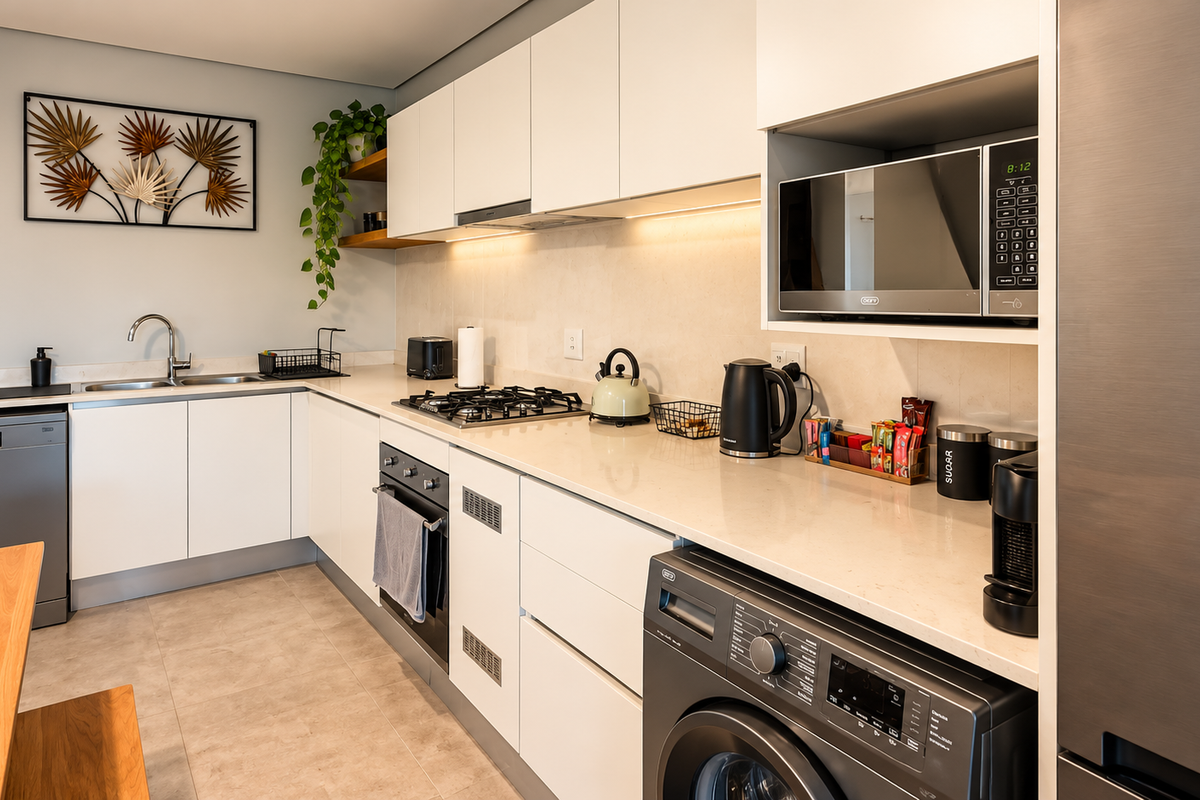 Modern kitchen featuring sleek white cabinetry, stone countertops, integrated appliances, gas hob, and under-cabinet lighting, offering a clean and functional culinary space.