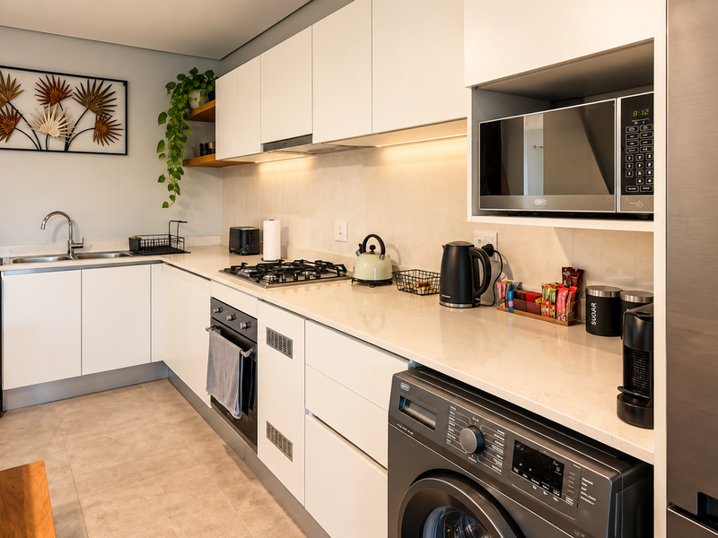 Modern kitchen featuring sleek white cabinetry, stone countertops, integrated appliances, gas hob, and under-cabinet lighting, offering a clean and functional culinary space.