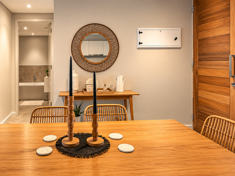 A well-lit dining area featuring natural timber sliding doors leading to a balcony, with a view into the adjacent modern bathroom.