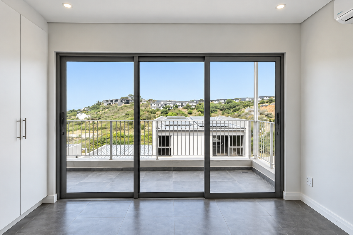A bright, modern bedroom featuring built-in cupboards, tiled floors, and large sliding doors opening onto a private balcony with scenic views.