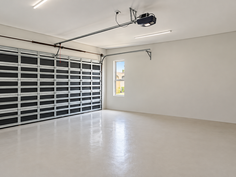 A clean, spacious, and well-maintained double garage featuring a smooth epoxy floor, automated door mechanism, and bright overhead lighting.