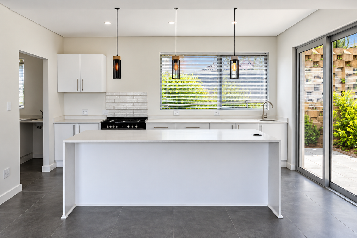 Modern, bright kitchen featuring a central island, built-in appliances, subway tile backsplash, and large sliding doors opening to a private rear patio area.