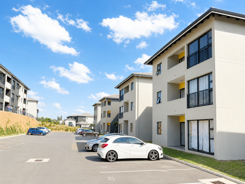 Exterior view of a modern multi-story apartment complex featuring paved parking, balconies with metal railings, and clean facade finishes.