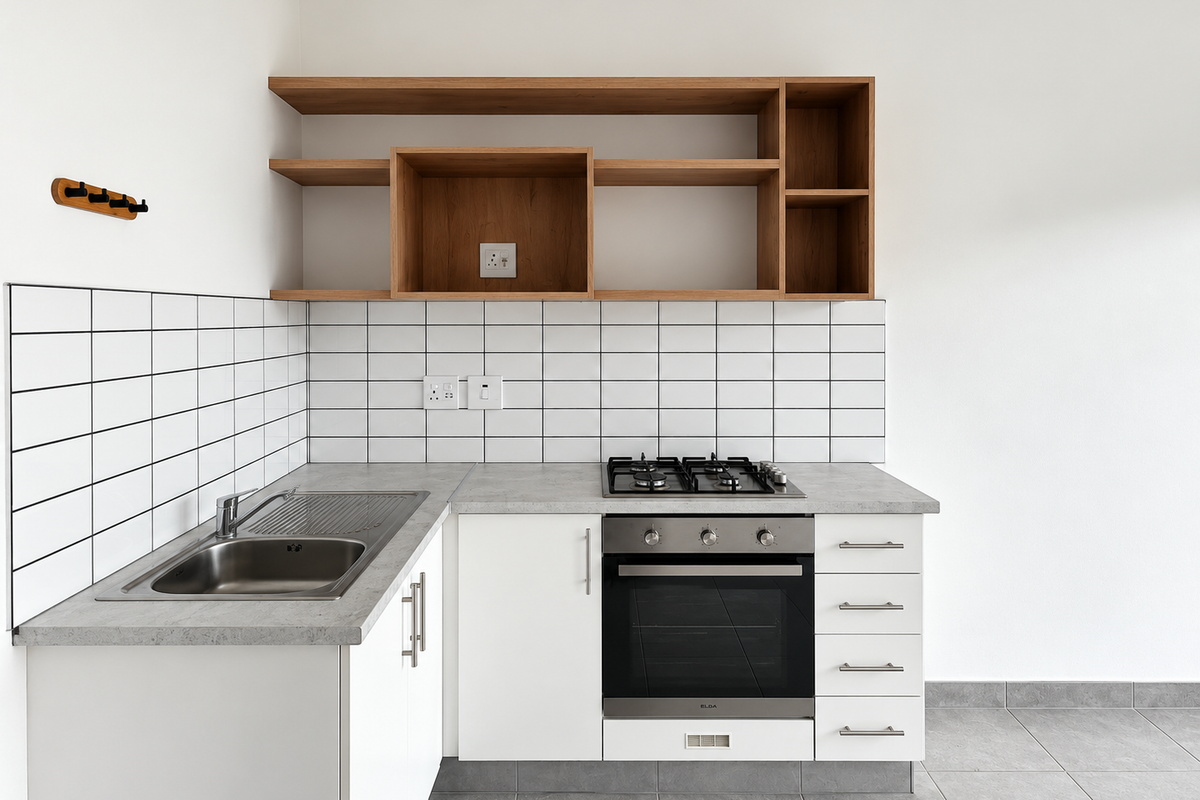 A clean, modern kitchen featuring white cabinetry, a gas hob, built-in oven, stainless steel sink, and stylish open wooden shelving.