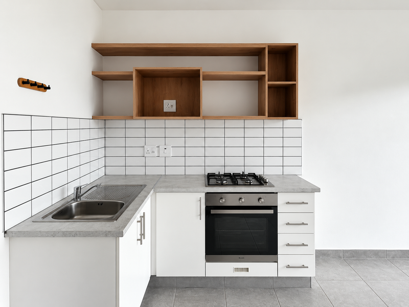A clean, modern kitchen featuring white cabinetry, a gas hob, built-in oven, stainless steel sink, and stylish open wooden shelving.