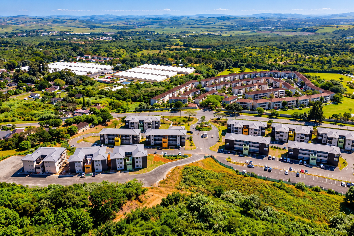 An aerial view of a modern apartment complex featuring multiple residential blocks, paved parking areas, and surrounding landscaped grounds in a suburban setting.