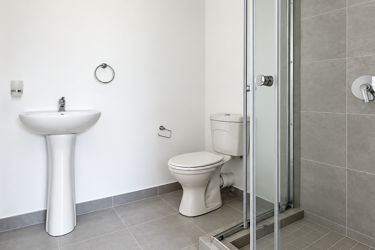 A clean, modern bathroom featuring a pedestal sink, a standard toilet, and a glass-enclosed shower with grey tiled finishes.