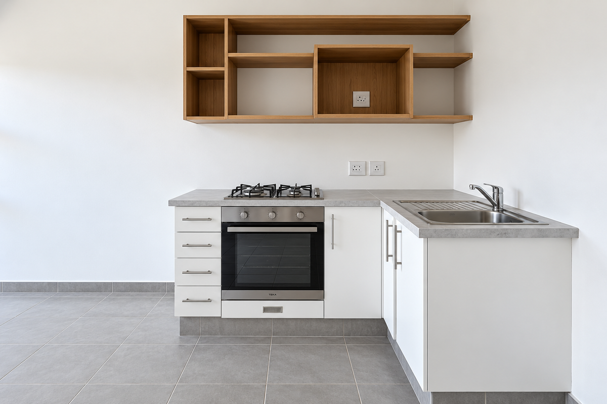 A modern, minimalist kitchen featuring white cabinetry, a built-in oven with gas hob, stainless steel sink, and open wooden shelving.