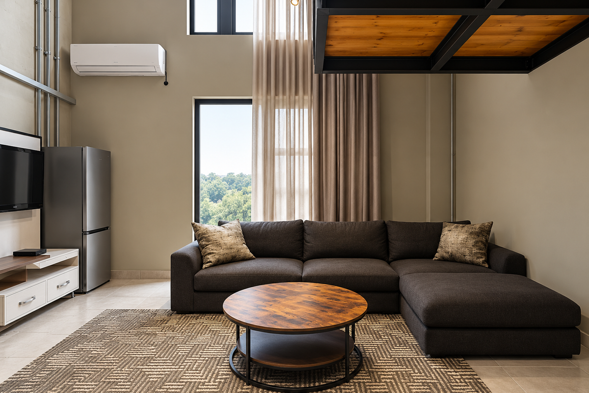 Modern living room featuring high ceilings, a mezzanine level, exposed industrial-style conduit, tiled flooring, and large windows providing natural light.